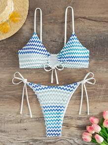 SHEIN Swim Bộ bikini thắt nút họa tiết sọc ziczac Bộ bikini buộc dây bên hông Lễ hội âm nhạc Mùa hè - Nhiều màu - Xem 1
