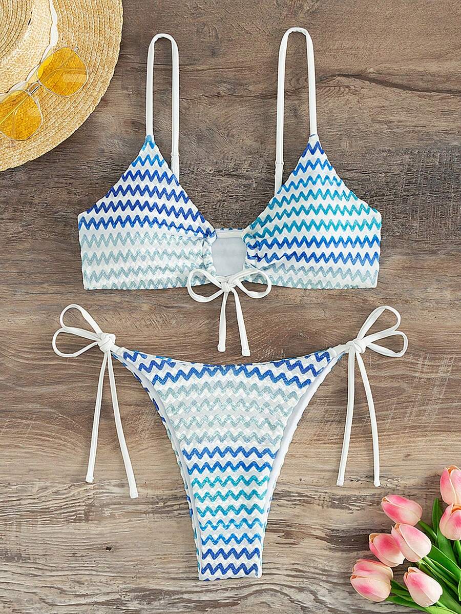 SHEIN Swim Bộ bikini thắt nút họa tiết sọc ziczac Bộ bikini buộc dây bên hông Lễ hội âm nhạc Mùa hè - Nhiều màu - Xem 1