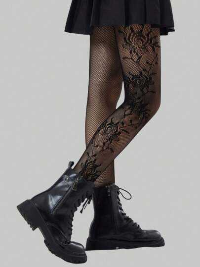 Goth 1pair Women's Black Gothic Jacquard Fishnet Stockings For All Seasons, Halloween