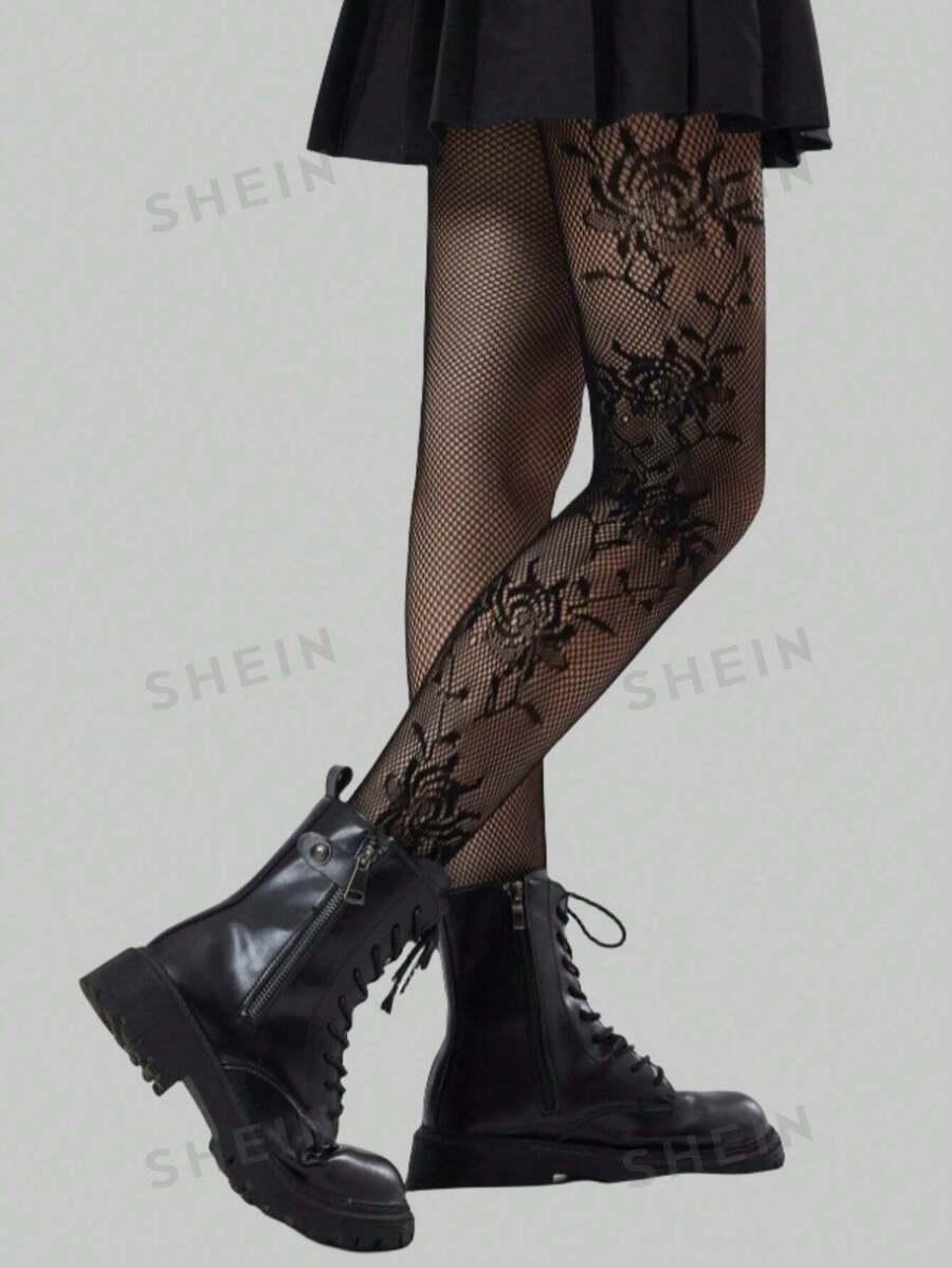 ROMWE Goth 1 Par De Medias De Red Jacquard Góticas Negras Para Mujeres Durante Todas Las Temporadas