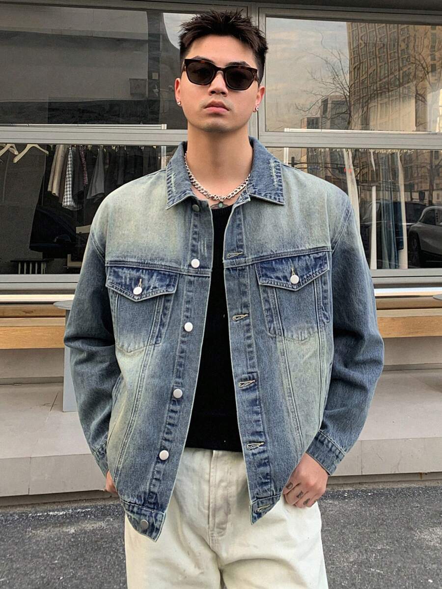 DAZY Men's Long Sleeve Denim Jacket - Washed Style,Fall Clothes - Medium Wash - View 1