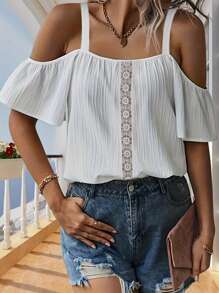 Women's Sexy Off Shoulder Lace Patchwork Solid Color Blouse