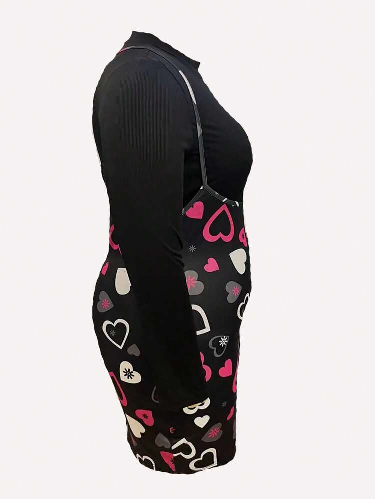 Plus Size Women's Stand Collar Long Sleeve T-Shirt And Heart Printed Skirt 2pcs/Set Fall Cloth For Women