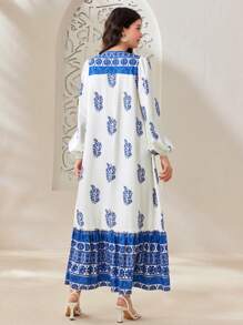Al Najma Women's Arabic Lantern Sleeve Floral Printed Dress - Blue and White - View 4