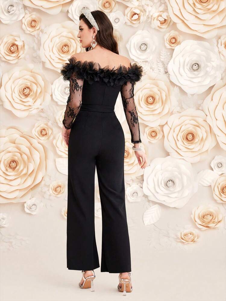 Women's Lace Spliced Off Shoulder Long Sleeve Jumpsuit