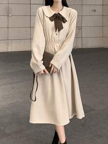 實色鈕扣前彼得潘領襯衫連身裙 - 杏色 - 查看 4