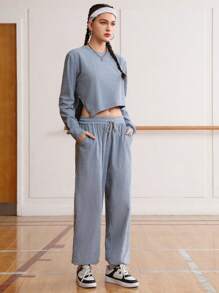 SHEIN Sports Women's Split Hem Cropped Top And Slant Pocket Pants Sportswear Set - Baby Blue - View 2