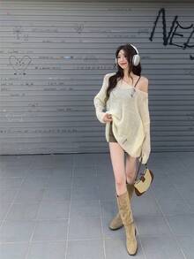 Women's Hollow Out Cold Shoulder Batwing Sleeve Long Sleeve Knit Pullover, Spring Cold Shoulder Sweater, Long Sleeve Top - Apricot - View 4