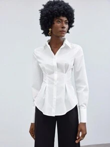 BizChic Women's Solid Color Long Sleeve Waist-Cinching Shirt - White - View 3