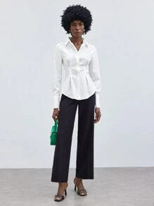 BizChic Women's Solid Color Long Sleeve Waist-Cinching Shirt - White - View 6