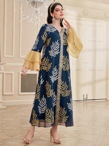 Al Najma Women's Arabian Style Plant Print Patchwork Tape Dress - Navy Blue - View 3