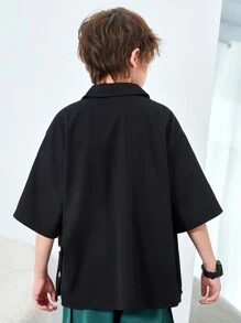 SHEIN Tween男孩休閒寬鬆直筒純色掛脖短袖鈕扣編織襯衫 - 黑色 - 查看 2