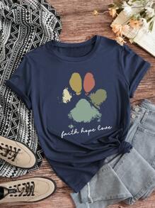 INAWLY Pattern Printed Short Sleeve T-Shirt Faith Hope Love Graphic Tees Women Tops - Navy Blue - View 1