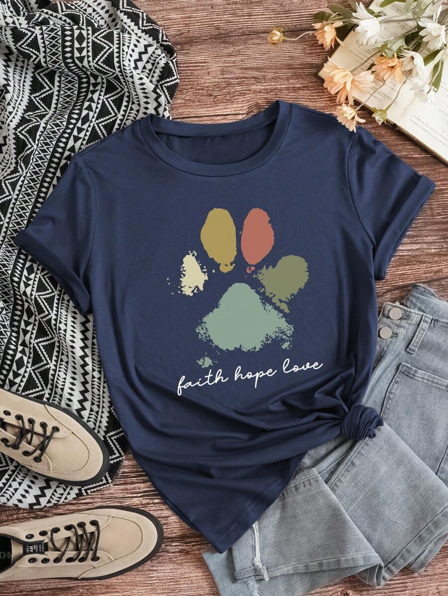 INAWLY Pattern Printed Short Sleeve T-Shirt Faith Hope Love Graphic Tees Women Tops - Navy Blue - View 1