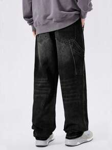 Nam Chất rắn Túi nghiêng Quần legging thẳng - màu đen - Xem 2