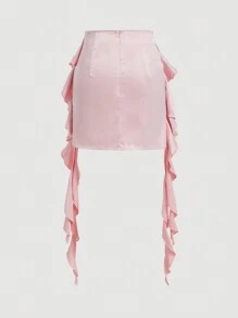 SHEIN MOD Damen Y2k Einfarbiger Hohe Taille Gerader Rock Mit Rüsche Und Dekorativen Rand - Pink - Übersicht 5