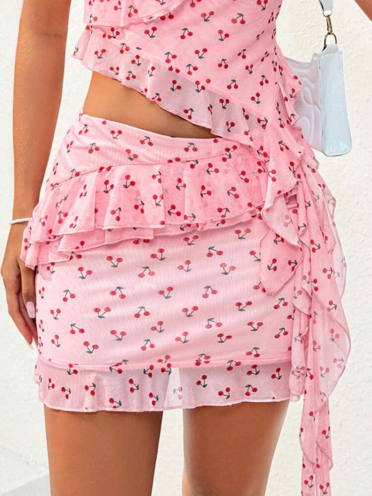 Women's Cherry Print Ruffle Trim Decorated Skirt