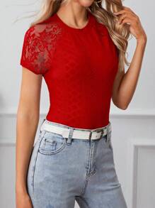 SHEIN Frenchy Quý cô Ren Vá lại Tay Raglan Áo thun - Đỏ - Xem 4