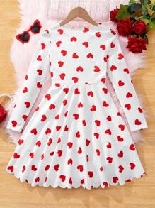 SHEIN Leap Crew Tween Girls' Sporty Sweetheart Pattern Knitted White Base V-Neck Long Sleeve Dress - Red and White - View 2