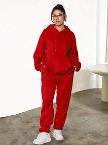 SHEIN EZwear Của phụ nữ Màu thuần Dây rút Hoodie Và Quần thể thao Hai chiếc Bộ - Đỏ - Xem 6