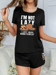 Sloth Print Short Sleeve T-Shirt And Shorts Pajama Set - Black - View 4