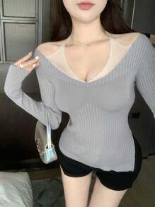 DAZY Áo len dài tay chắp vá ôm sát dành cho nữ, Quần áo mùa thu - Màu xanh nhạt - Xem 5