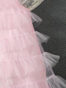 SHEIN Young Girl's Mesh Contrast Ruffle-Trimmed With Beading Decoration Cami Dress - Pink - View 5