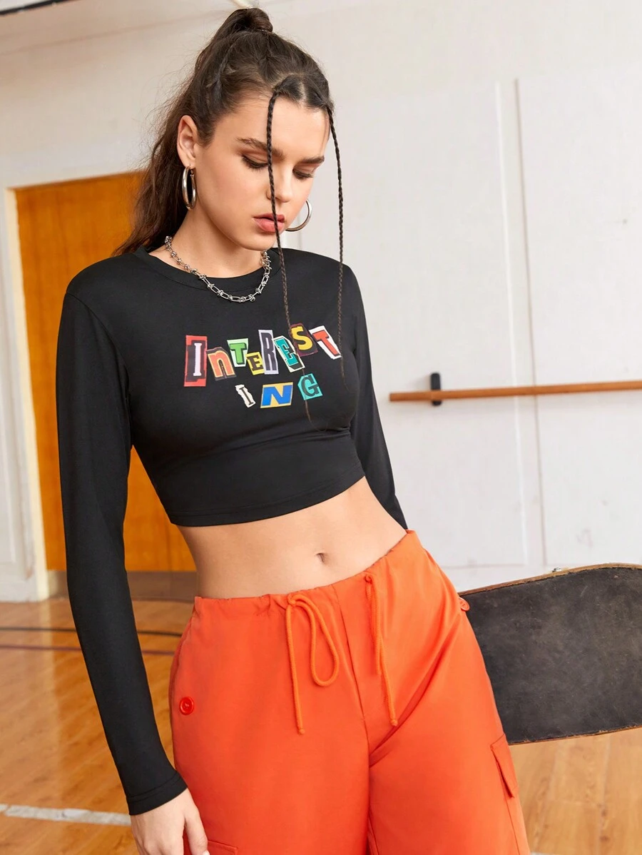 Gameset SHEIN Sport Letter Printed Cropped Athletic T-Shirt - Black - View 1