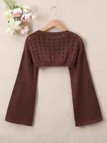 Teen Girl Hollow Out Cropped Sweater - Coffee Brown - View 2