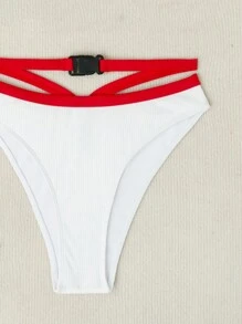 SHEIN Swim Women's Contrast Color Buckle Detail Bikini Set Summer Beach - Red and White - View 6