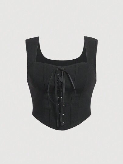 SHEIN MOD Plus Size Black 1pc Lace-Up Front Bow Tie Corset Structure Vest Top,Valentine Day