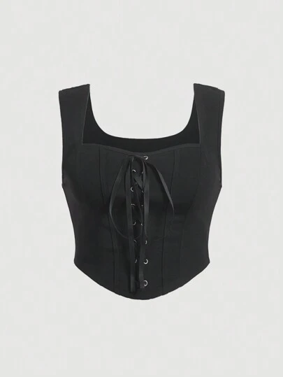 SHEIN MOD Plus Size Black 1pc Lace-Up Front Bow Tie Corset Structure Top, Valentine Day