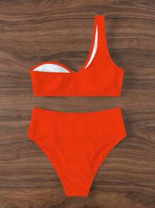 SHEIN Swim Summer Beach Ribbed Bikini Set V Wired One Shoulder Bra & High Waisted Bottom 2 Piece Bathing Suit - Orange - View 7