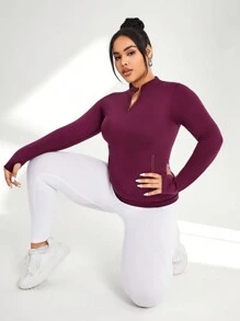 Gameset SHEIN Sport Plus Size Women's Half-Zip Sports Stretchy Sweatshirt - Burgundy - View 4
