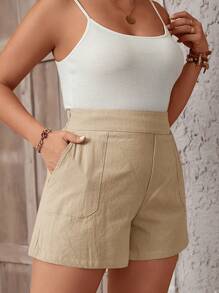SHEIN VCAY Của phụ nữ Kích thước lớn Màu thuần Lỏng lẻo phù hợp Giải trí Quần short Với Nghiêng Túi - Màu be - Xem 6