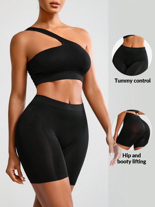 SHEIN Shape Damen schlicht Einschultertop & Shorts Shapewear Set