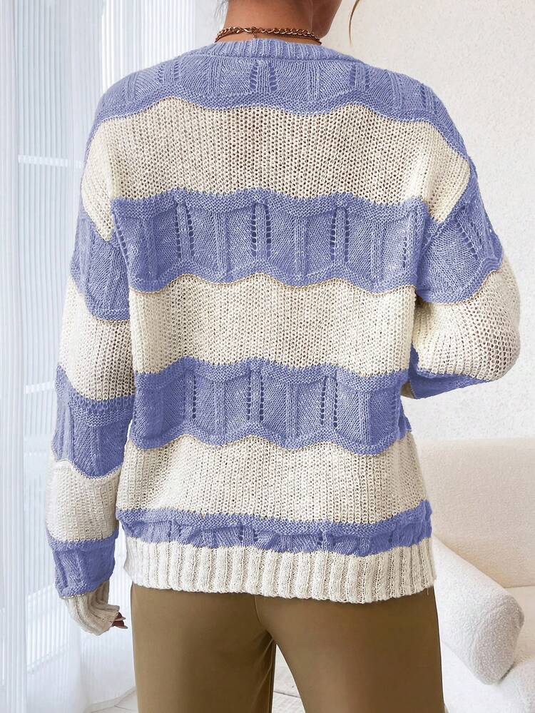 Ladies' Color Block Round Neck Sweater With Long Sleeve, Spring Commute, Knit Pullover Fall Winter