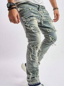 SHEIN Explorewe Nuevos Jeans Vintage Desgastados Para Adolescentes Con Remiendos Y Dobladillos Deshilachados, Casuales Y Elegantes - Azul lavado medio - Ver 3