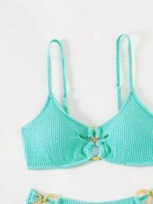 SHEIN Swim Ladies' Swimwear Set With Textured Circular Links, Bikini Set Bathing Suit Beach Outfit Summer Vacation - Baby Blue - View 5