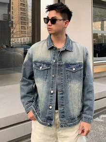 DAZY Men's Long Sleeve Denim Jacket - Washed Style,Fall Clothes - Medium Wash - View 5