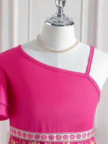 Tween Girls' Asymmetrical Collar Dress With Floral Print, Pleated Hem And Zigzag Design - Hot Pink - View 4