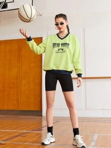 Gameset SHEIN Sport Letter Print Contrast Trim V-Neck Sweatshirt - Yellow - View 6