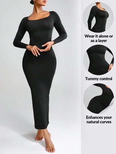 SHAPORA Women's Square Neck Long Sleeve Bodycon Dress