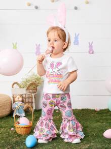 SHEIN Baby Girl Easter Cute Cartoon Pattern Short Sleeve Ruffle Top And Flared Pants Set