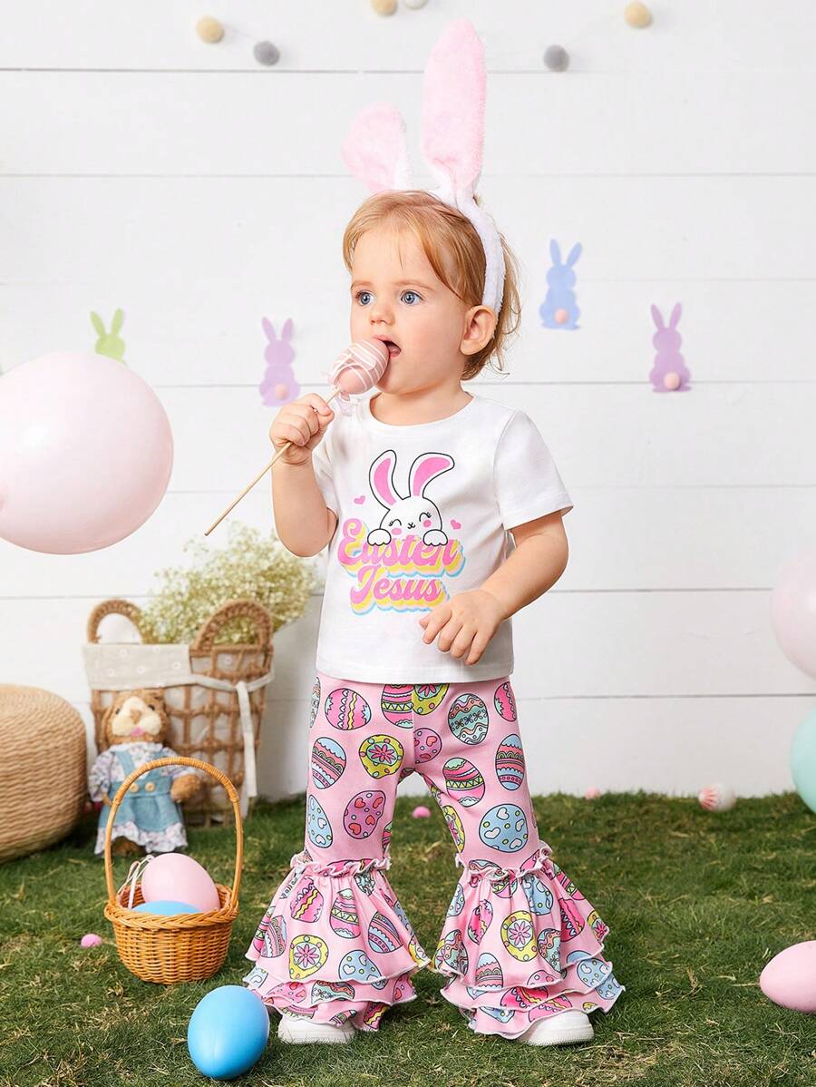 SHEIN Baby Girl Easter Cute Cartoon Pattern Short Sleeve Ruffle Top And Flared Pants Set