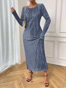 Chiquease 女款純色圓領長袖休閒連身裙 - 藍色 - 查看 5