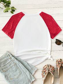 SHEIN LUNE Plus Size Sequin Patchwork Heart Shaped Raglan Sleeve T-Shirt - White - View 2