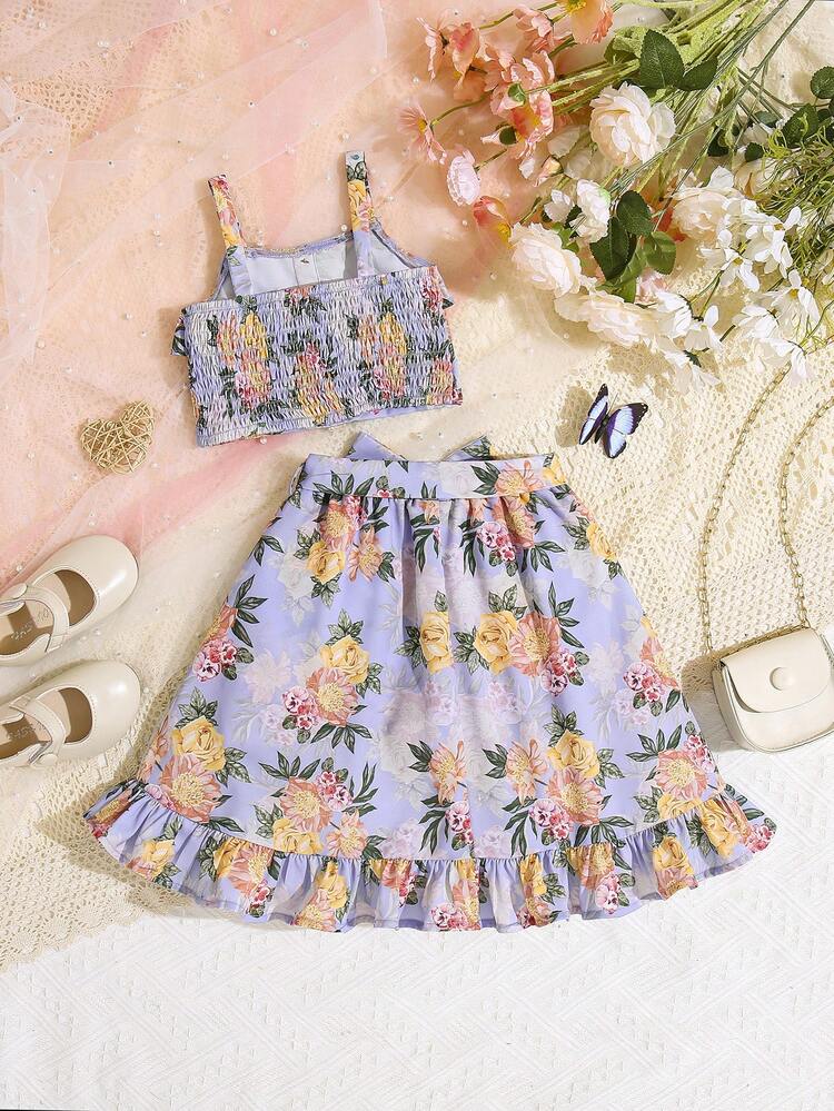 Baby Girl Summer Vacation Floral Patterned Strap Top With Ruffle Hem, Belt And Skirt Set