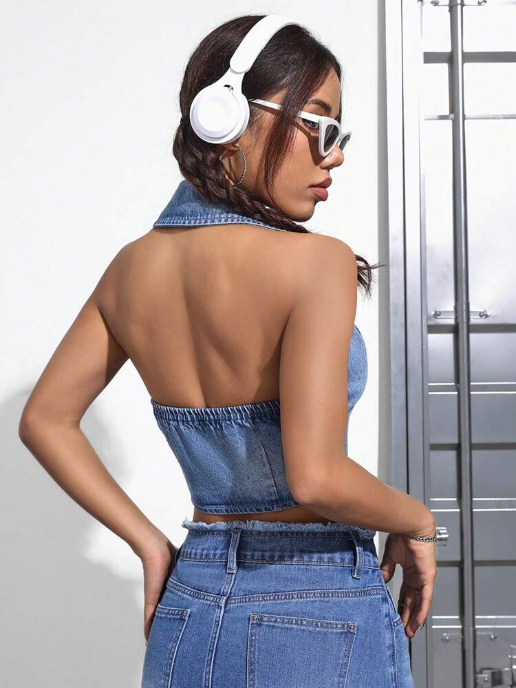 Women's Button Front Halter Neck Denim Top