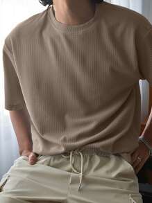 DAZY Men's Ribbed Short Sleeve T-Shirt - Khaki - View 4